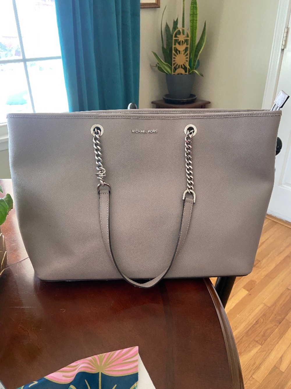 Michael Kors Jet Set Chain Saffiano Leather Tote Bag Gray